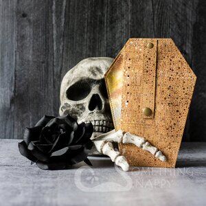 Something Snappy Love Me Dead Medium Gold Speckled Cork Coffin Wallet